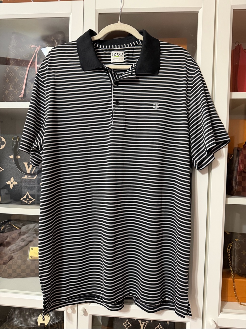Izod Black & White Striped Polo with Contrast Collar